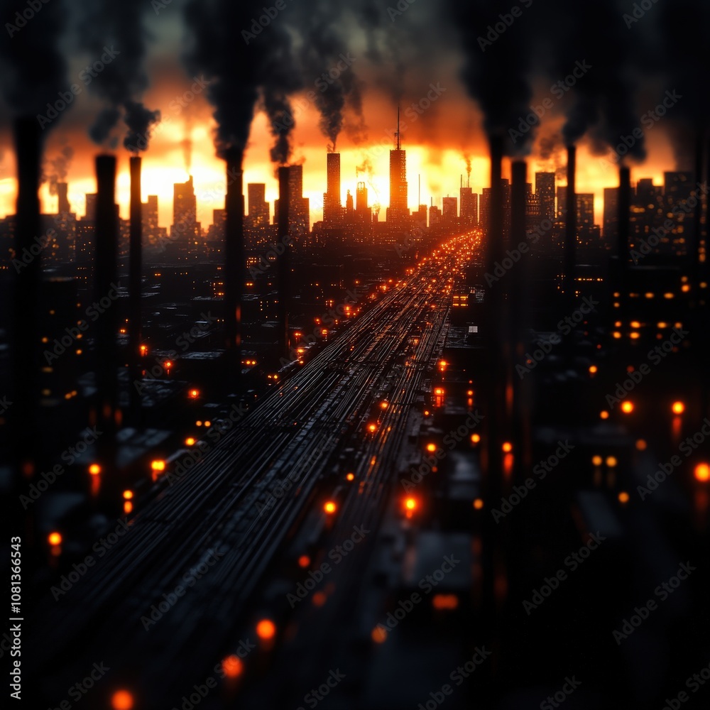 A dramatic urban skyline shrouded in smoke, illuminated by fiery hues, reflecting an industrial environment at sunset. A dramatic urban skyline shrouded in smoke, illuminated by fiery hues, reflecting an industrial environment at sunset.