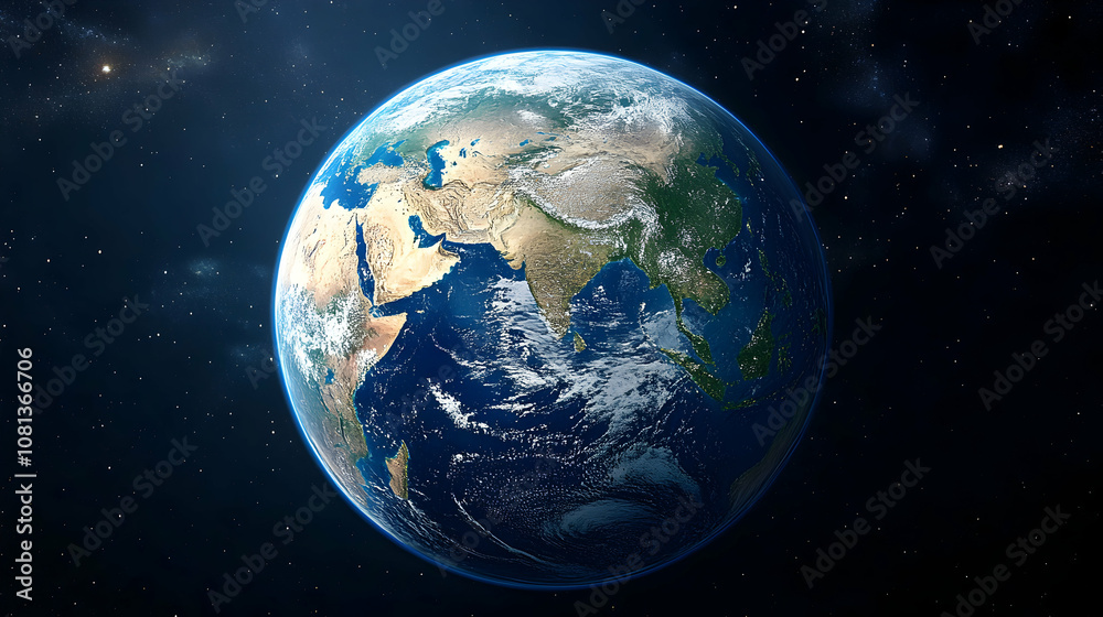 Stunning 3D Render of Planet Earth, Showing Asia and Surrounding Oceans, Set Against a Starry Background Stunning 3D Render of Planet Earth, Showing Asia and Surrounding Oceans, Set Against a Starry Background