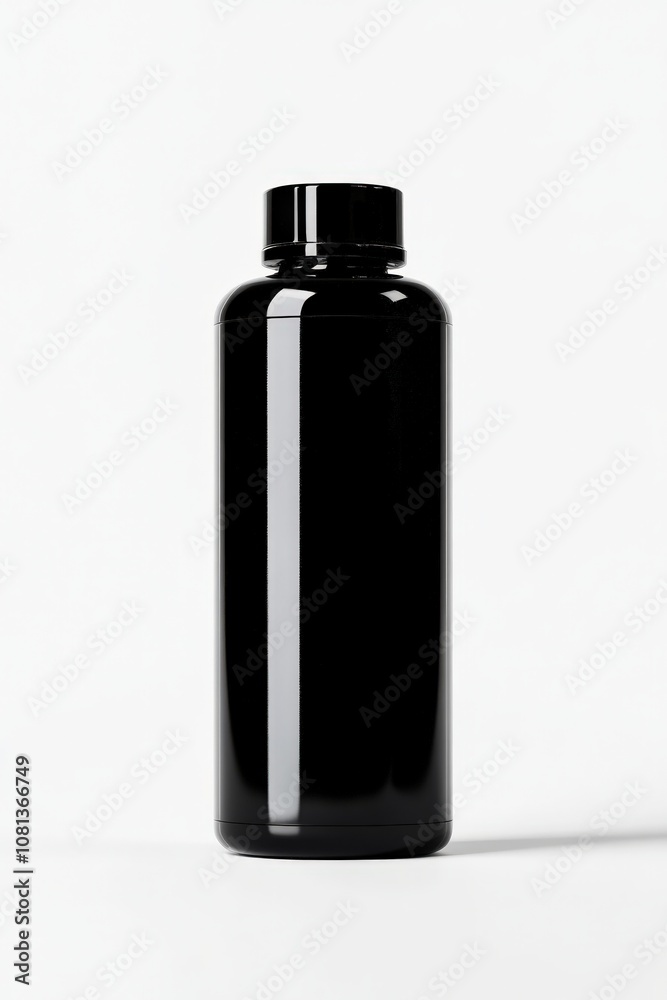 A sleek, black bottle stands upright on a plain surface, showcasing its modern design and reflective finish. A sleek, black bottle stands upright on a plain surface, showcasing its modern design and reflective finish.