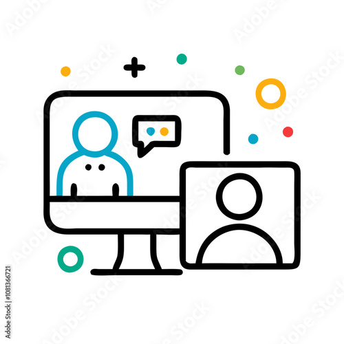Online meeting icon showcasing video call participation with chat bubbles in a modern design