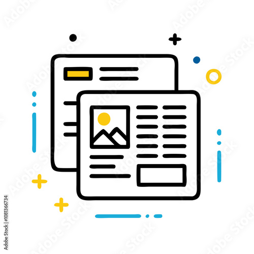 Newsfeed layout icon showcasing articles and images in a modern and colorful design