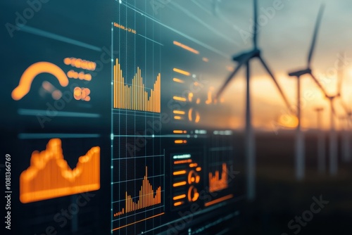 Futuristic stock market visualization wind farm data analysis energy sector close-up renewable trends
