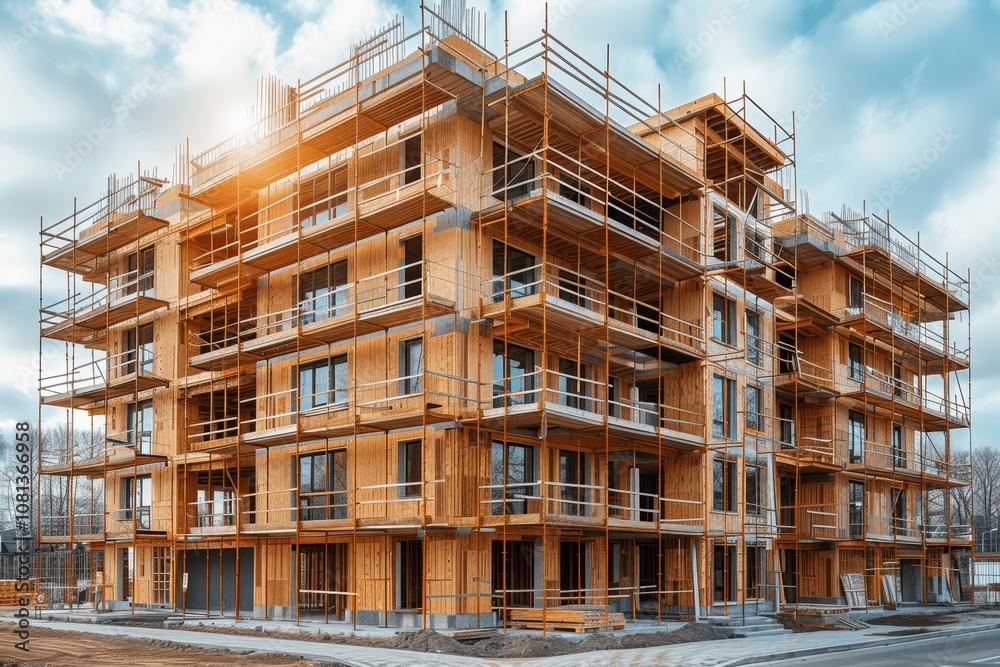 Modern Urban Construction Site with Wooden Scaffolding and Steel Structure