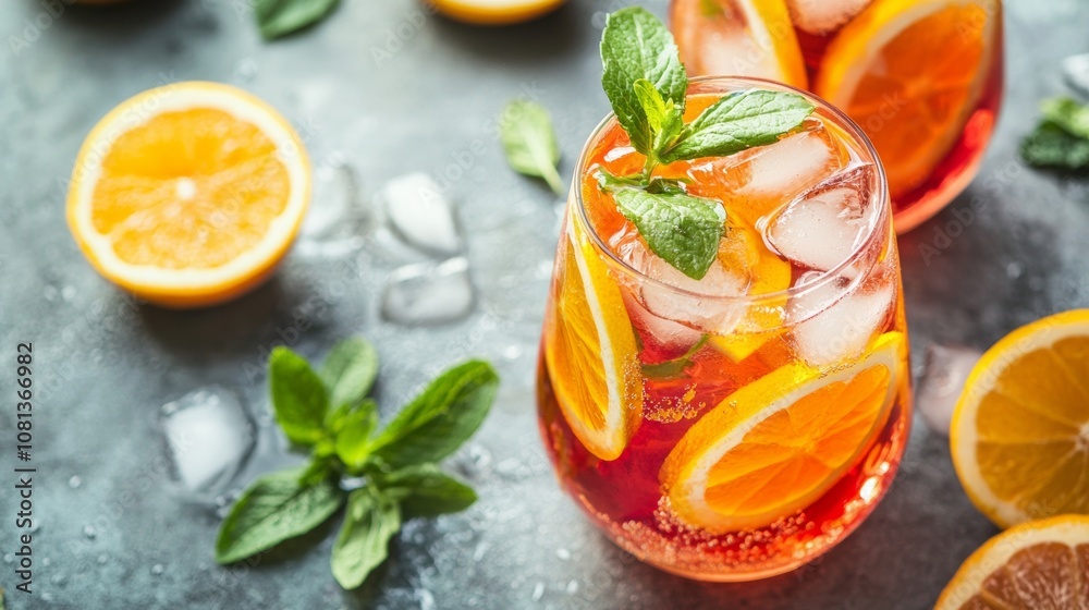 Fototapeta premium Refreshing orange drink with mint and ice on table