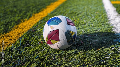 Soccer Ball on Grass Near End Line Top View Close-Up Shot with High Angle Perspective Green Lawn White Lines Colorful photo