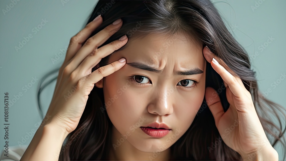 Young Woman with Headache, Pain, Stress, Tension, Mental Health Concept Young Woman with Headache, Pain, Stress, Tension, Mental Health Concept