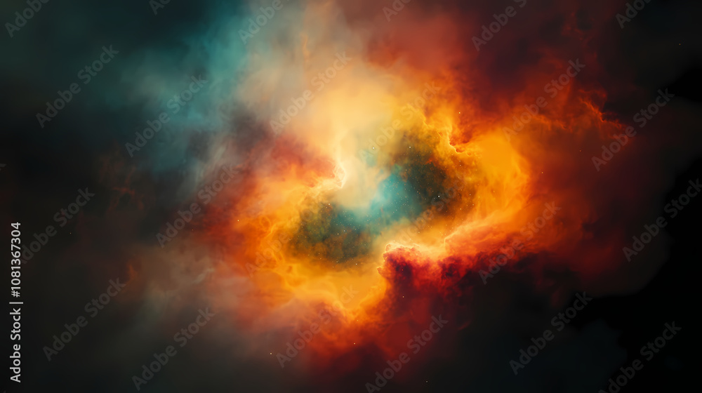 A vibrant nebula glows with red, orange, yellow, and green hues. Nebula. Illustration A vibrant nebula glows with red, orange, yellow, and green hues. Nebula. Illustration