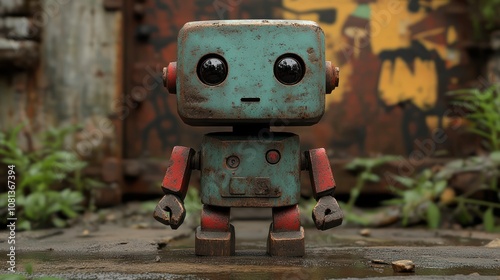 a toy robot with movable joints, detailed textures, and a friendly face.