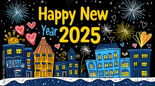 Happy New Year 2025 card with colorful buildings and fireworks, celebrating joy and new beginnings photo