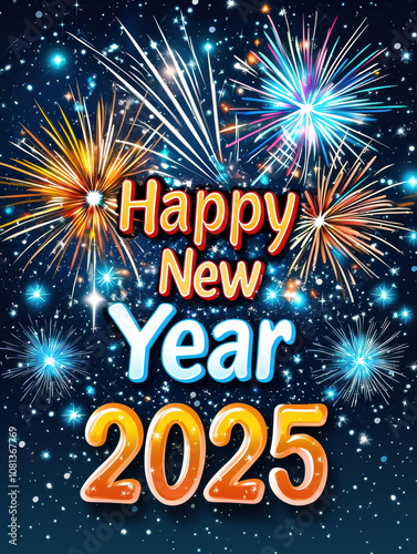 Happy New Year 2025 poster with colorful fireworks and cosmic theme, celebrating joy and excitement for upcoming year