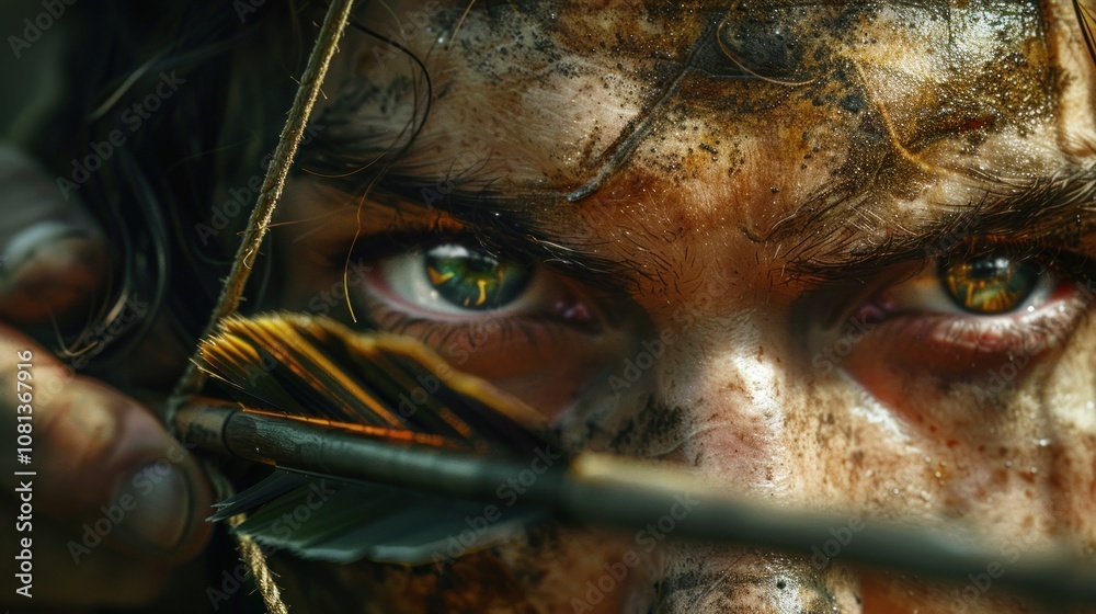 Close-up of a determined archer's eyes, focused on the target. Close-up of a determined archer's eyes, focused on the target.