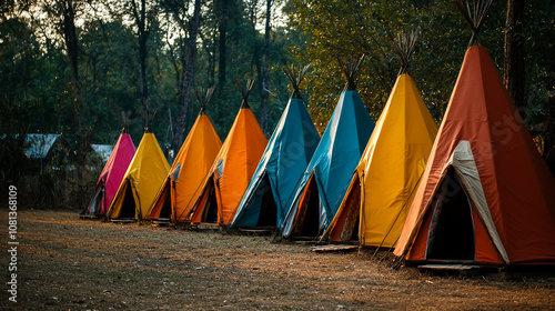 Colorful teepees lined up in a row in a wooded area.