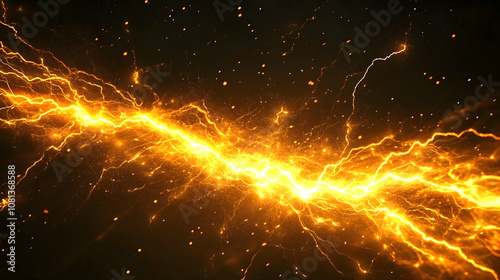 Abstract Golden Lightning Energy Background, Glowing Dynamic Electric Discharge Streaks Across Dark Space with Fiery Particles,  Illustrative Digital Art