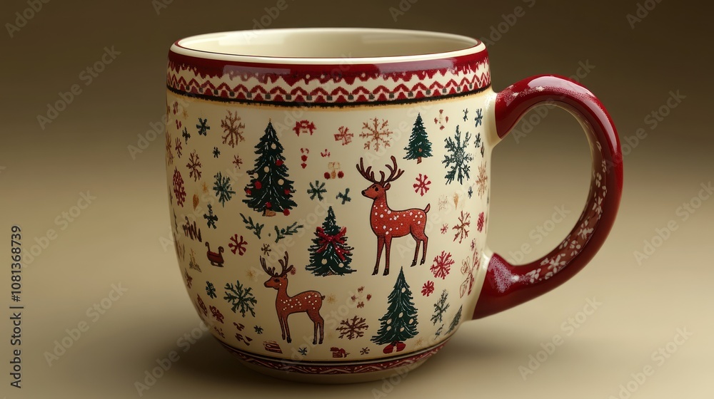 Christmas coffee mug featuring a pattern of reindeer, snowflakes, and Christmas trees, all in festive colors. Christmas coffee mug featuring a pattern of reindeer, snowflakes, and Christmas trees, all in festive colors.
