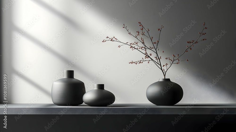 3D Render of Minimalist Home Decor: Dark Vases with Branch Displayed on Shelf 3D Render of Minimalist Home Decor: Dark Vases with Branch Displayed on Shelf