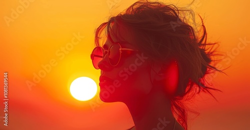 Portrait of Woman in Sunglasses at Sunset Close-Up Silhouette Minimalist High Detail Hyperrealistic Photography