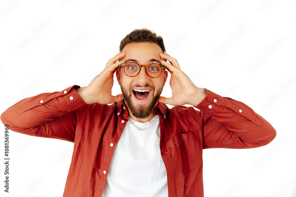 Joyful handsome caucasian or arabian man with glasses holding his head in astonishment, showing an open-mouthed smile, dressed in a red shirt and white t-shirt on a isolated white background Joyful handsome caucasian or arabian man with glasses holding his head in astonishment, showing an open-mouthed smile, dressed in a red shirt and white t-shirt on a isolated white background