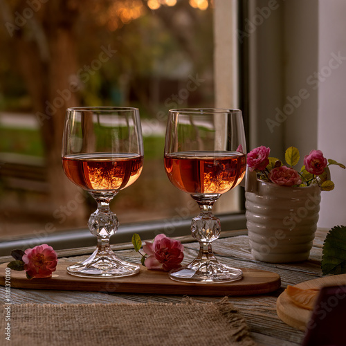 Two wineglasses of pink wine. Square. Atmospheric mood, beautiful reflections in glasses of wine. Pink Wine. Miniature roses photo