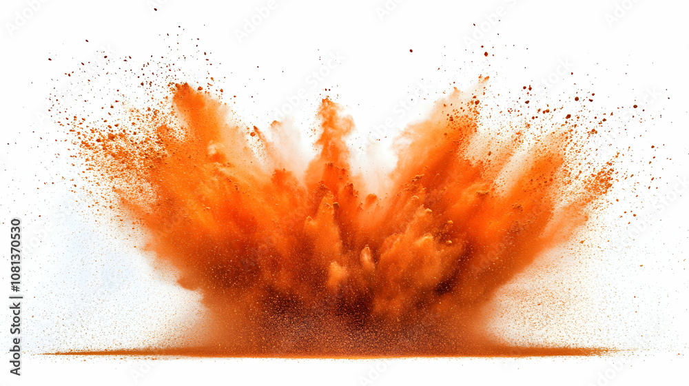 Vibrant Orange Powder Explosion, Abstract Background Image, Dynamic Cloud of Dust Particles Against White Vibrant Orange Powder Explosion, Abstract Background Image, Dynamic Cloud of Dust Particles Against White