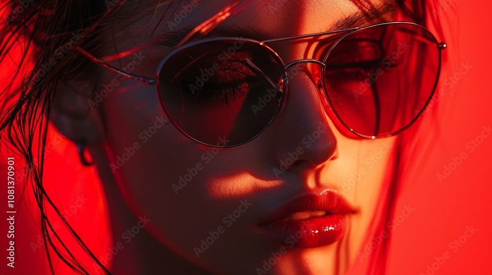 Close-up portrait of a woman in red light and sunglasses Close-up portrait of a woman in red light and sunglasses