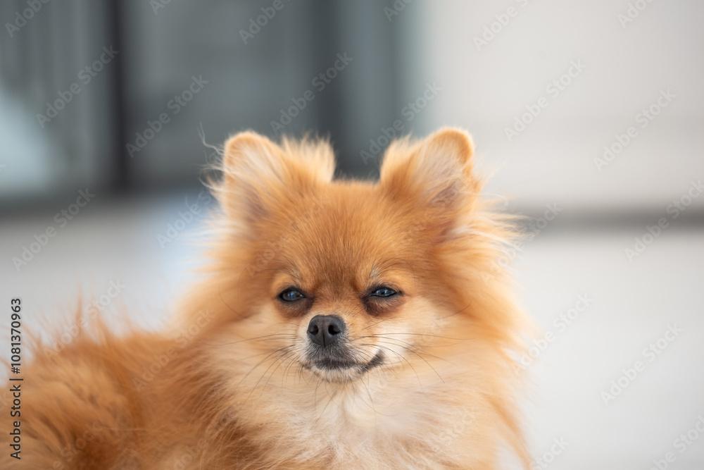 A close-up of a fluffy orange Pomeranian relaxing on a smooth surface indoors during a bright afternoon A close-up of a fluffy orange Pomeranian relaxing on a smooth surface indoors during a bright afternoon