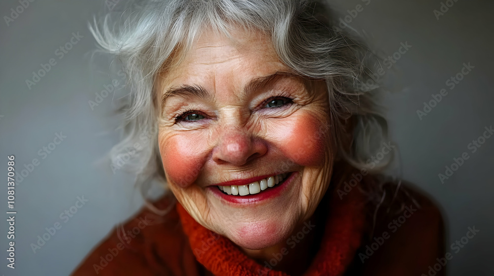Close-up Portrait of a Joyful Elderly Woman with a Radiant Smile, Wearing a Rustic Orange Sweater Against a Muted Grey Background. Close-up Portrait of a Joyful Elderly Woman with a Radiant Smile, Wearing a Rustic Orange Sweater Against a Muted Grey Background.