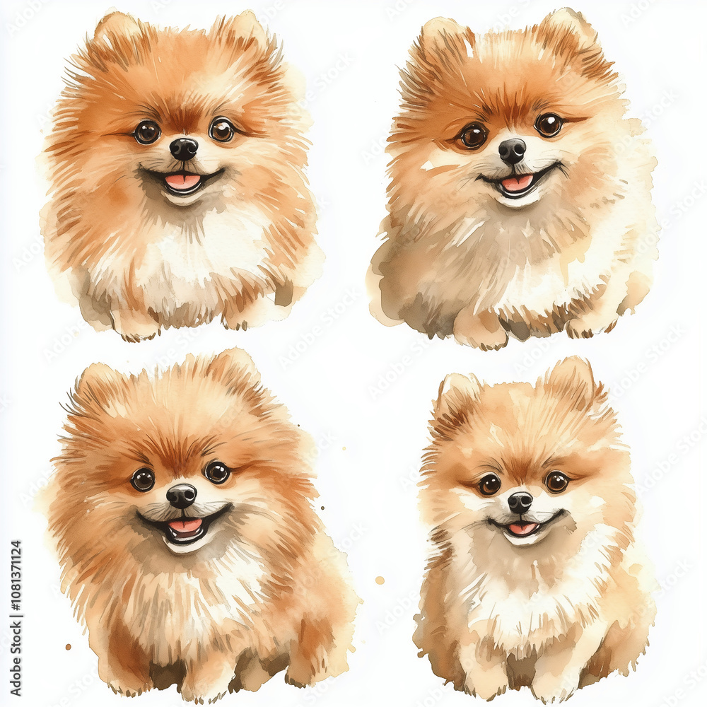 Set of pomeranian dogs watercolor illustration Set of pomeranian dogs watercolor illustration