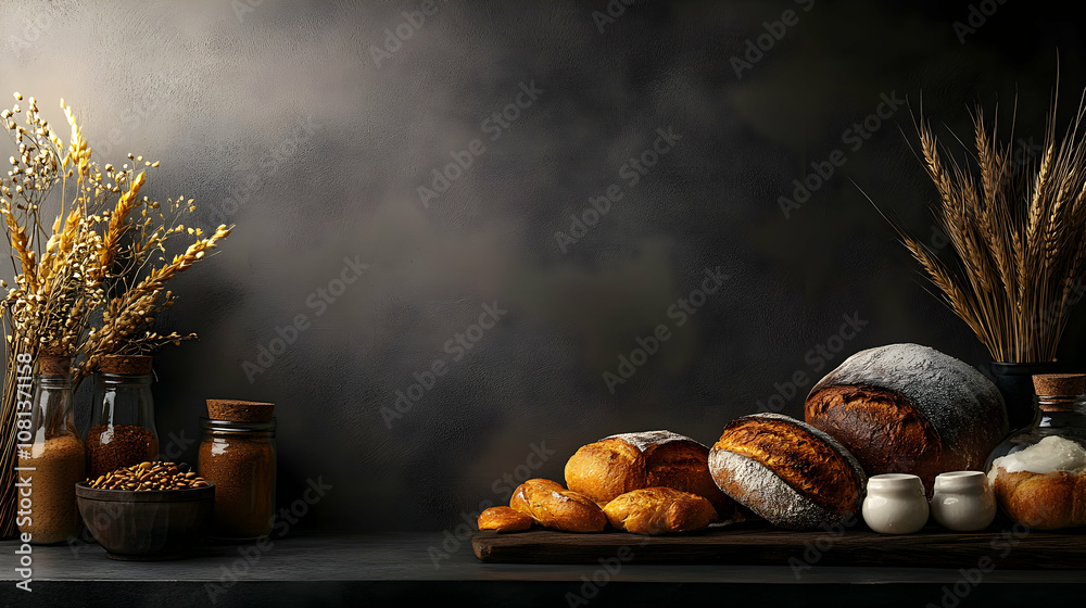 Artisan Breads and Grains Still Life Photography with Dark Background Artisan Breads and Grains Still Life Photography with Dark Background