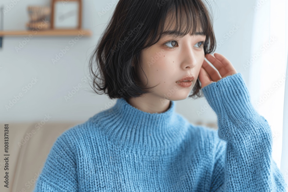 Japanese Woman Touching Ear Looking at Wall in Living Room with Bob Haircut and Blue Sweater Japanese Woman Touching Ear Looking at Wall in Living Room with Bob Haircut and Blue Sweater