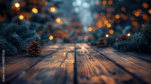 Christmas Themed Wooden Table with Blurred Lights and Tree Background for Product Display