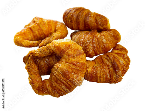 Delicate croissant with crumbly crust, filled with soft warm filling, ready to use with coffee, tea, cocoa. Pastries are served on plate, outdoor cafe, street food, snack on go. Isolated over white photo