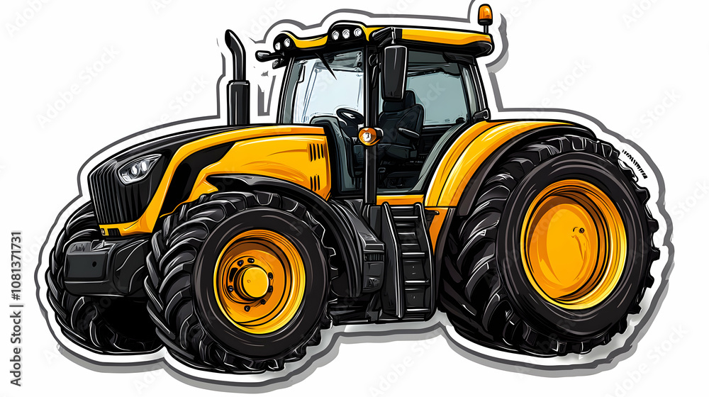 Obraz premium Powerful Yellow Tractor Illustration with Large Tires, Detailed Design, Agricultural Machinery, Farm Equipment Graphic