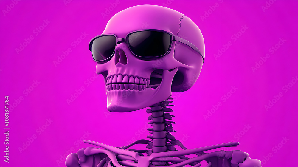 3D Render of a Purple Skull Wearing Sunglasses Against a Vivid Magenta Background