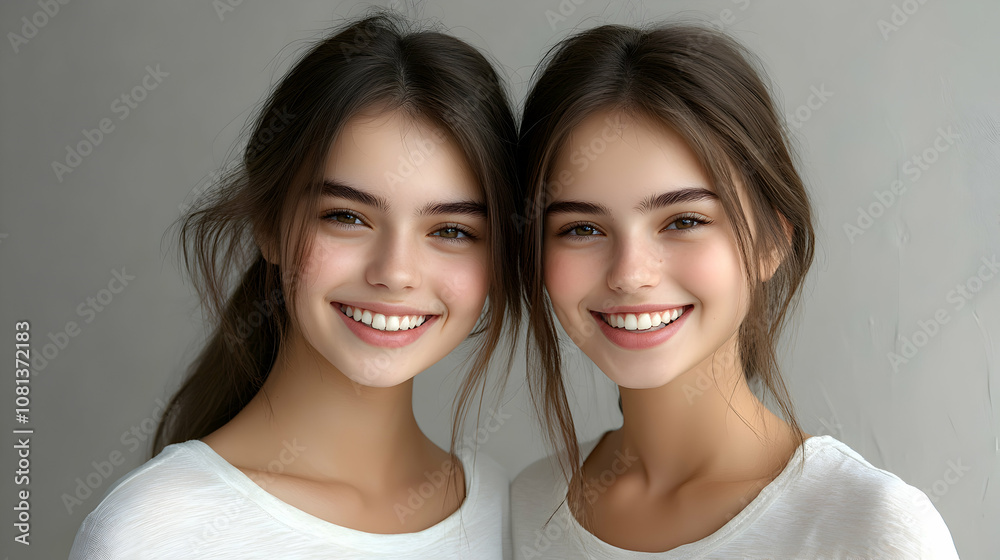 Smiling Twin Girls Portrait: A Realistic Close-up Image of Identical Twins with Brown Hair and Bright Smiles, Wearing Simple White T-shirts Against a Neutral Background. Smiling Twin Girls Portrait: A Realistic Close-up Image of Identical Twins with Brown Hair and Bright Smiles, Wearing Simple White T-shirts Against a Neutral Background.