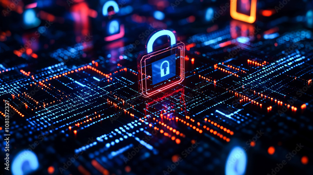 Digital security with glowing padlock on circuit board. Digital security with glowing padlock on circuit board.