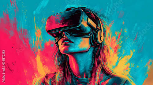 Wallpaper Mural Woman wearing VR headset, vibrant digital art, colorful abstract background, immersive technology experience Torontodigital.ca