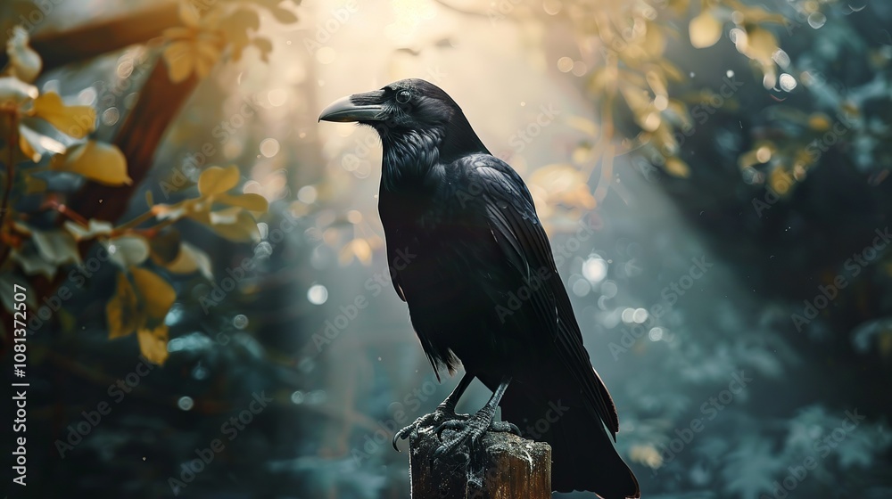 Fototapeta premium Crow as a teacher banner with copy space area for text. Cute Crow portrait....