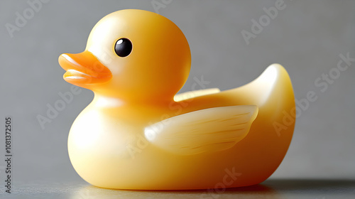 A 3D Render of a Yellow Rubber Duck Toy,  Sitting on a Gray Surface,  Illuminated with Soft Lighting.
