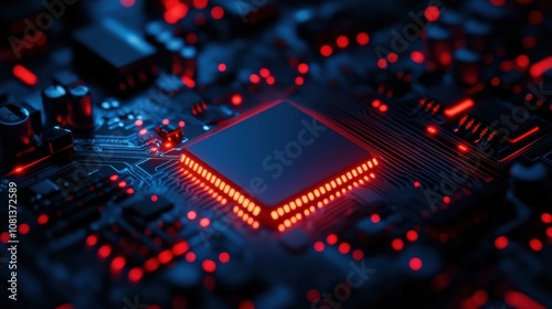 A close-up view of a microchip on a circuit board, highlighted by glowing red lights against a dark background, showcasing modern technology.