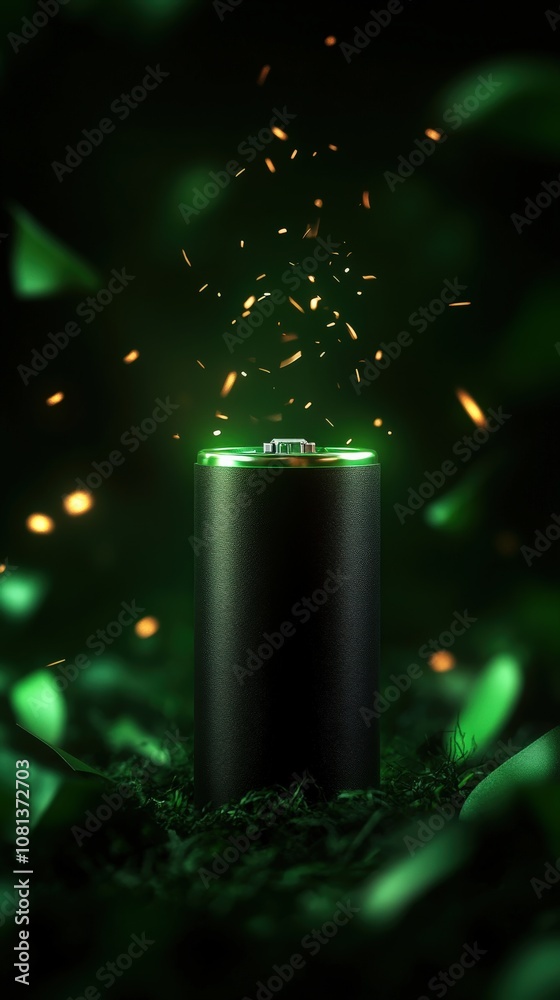 A glowing, stylized battery stands amidst a dark green background, emitting sparks and light, symbolizing power and energy. A glowing, stylized battery stands amidst a dark green background, emitting sparks and light, symbolizing power and energy.
