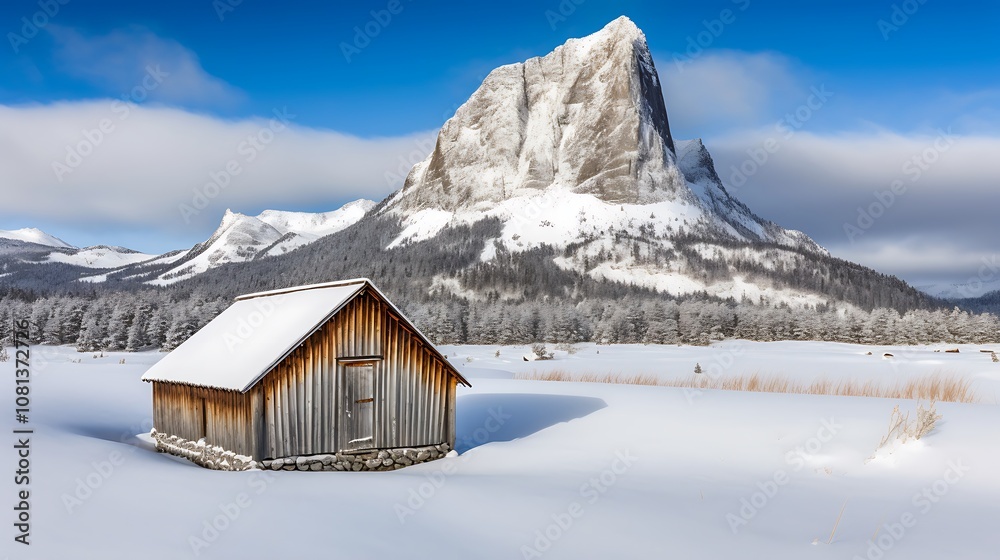 A Wooden Cabin in a Snowy Mountain Landscape A Wooden Cabin in a Snowy Mountain Landscape