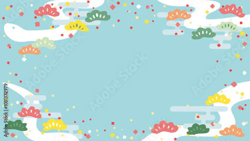 へびと松のフレーム素材(背景水色、カラフルな松、雲)