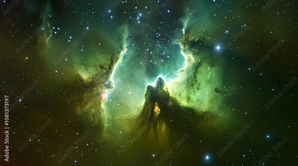 Obraz premium Breathtaking green nebula with a dense starfield, depicting the surreal beauty of outer space and star creation. Nebula. Illustration
