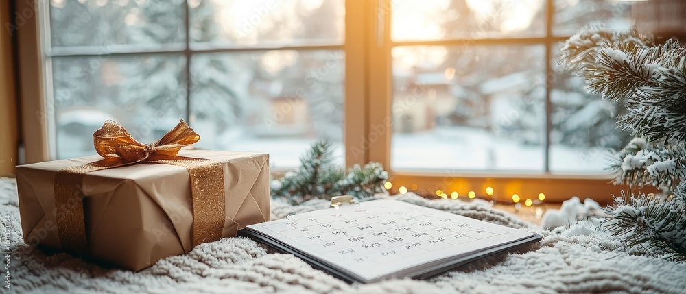 A beautifully wrapped gift beside a cozy window, showcasing snowy scenery and festive decorations, creating a warm, inviting atmosphere. A beautifully wrapped gift beside a cozy window, showcasing snowy scenery and festive decorations, creating a warm, inviting atmosphere.