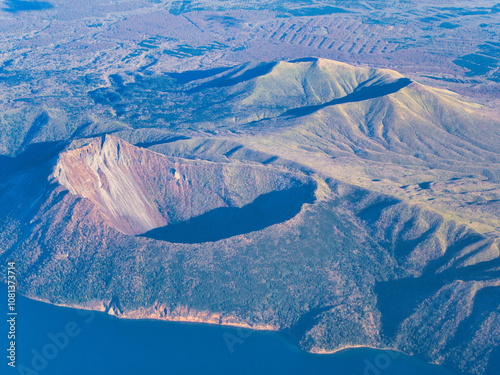 Hokkaido, Japan - November 14, 2024: Aerial view of Lake Mashu in Hokkaido, Japan photo