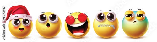 Laughing emoji vector characters set. Emojis clipart cute xmas santa character with yellow icon elements facial expressions like cute, shock, laugh, dumb and worried emotions. Vector illustration 