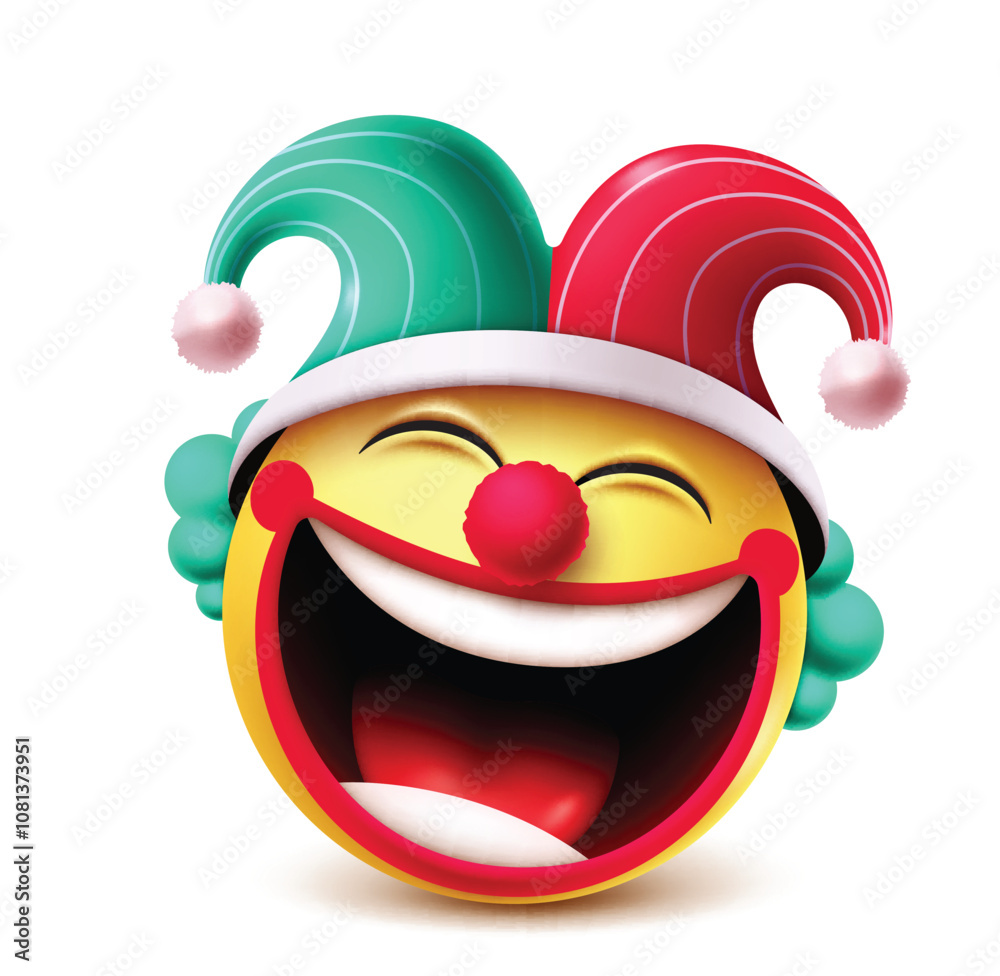 Clown emoji vector character. Birthday clown in joker, funny and happy face with colorful costume clipart emoticon in white background. Vector illustration clown mascot clip art emoji.
Clown emoji vector character. Birthday clown in joker, funny and happy face with colorful costume clipart emoticon in white background. Vector illustration clown mascot clip art emoji.