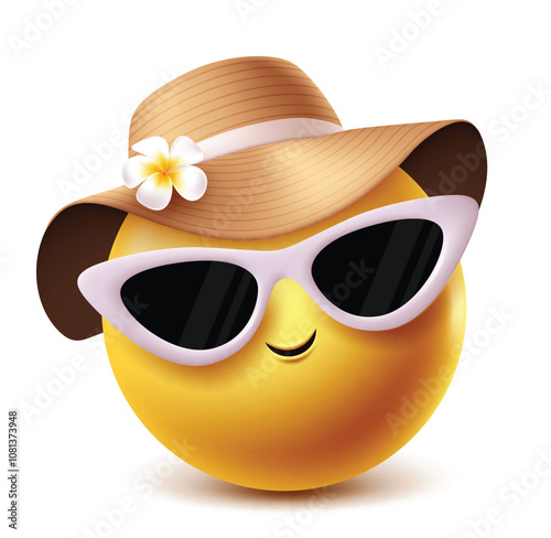 Summer emoji vector character. Summertime clipart costume in cool and cute smile wearing sunglasses and hat elements in white background. Vector illustration summer outfit clip art emoji.
