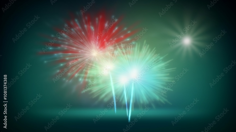 Three Bright Fireworks Exploding In The Night Sky Three Bright Fireworks Exploding In The Night Sky