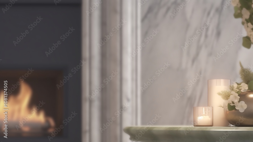 Lit Candles on a Marble Mantel with a Fireplace in the Background Lit Candles on a Marble Mantel with a Fireplace in the Background